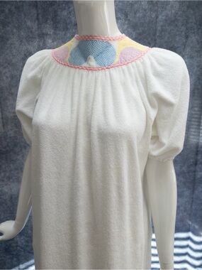 Vintage White Terry Cloth Lounger Dress with Pastel Gingham Yoke - One Size